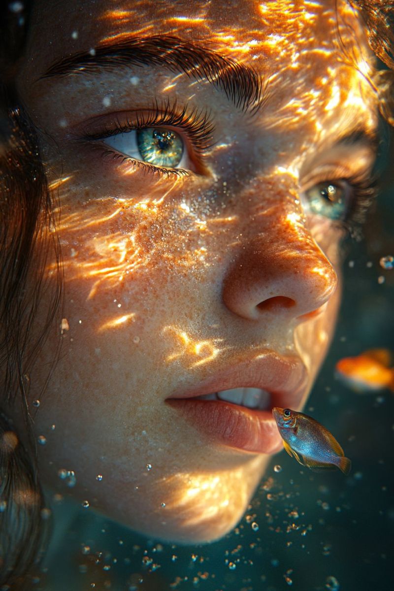 Woman face underwater aside fishes sunset accurate picture amazing demonstrating the mischiefs wild of human activities on la woman face underwater aside fishes sunset