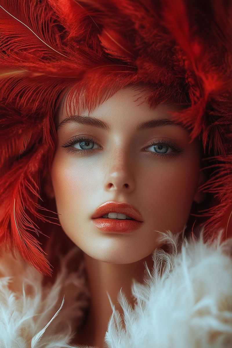 Feminine chapeau plumage beaute mode levres rouges maquillage elegant femme yeux bleus portant costume Feminine chapeau plumage beaute mode levres rouges maquillage elegant femme yeux bleus portant costume