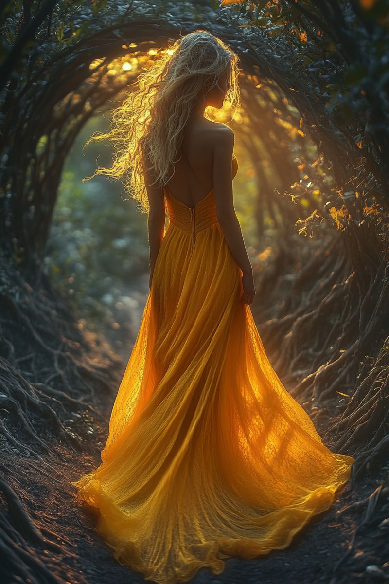 Woman long yellow dress getting through cave made accurate picture amazing demonstrating the mischiefs wild of human activities on la woman long yellow dress getting through cave made