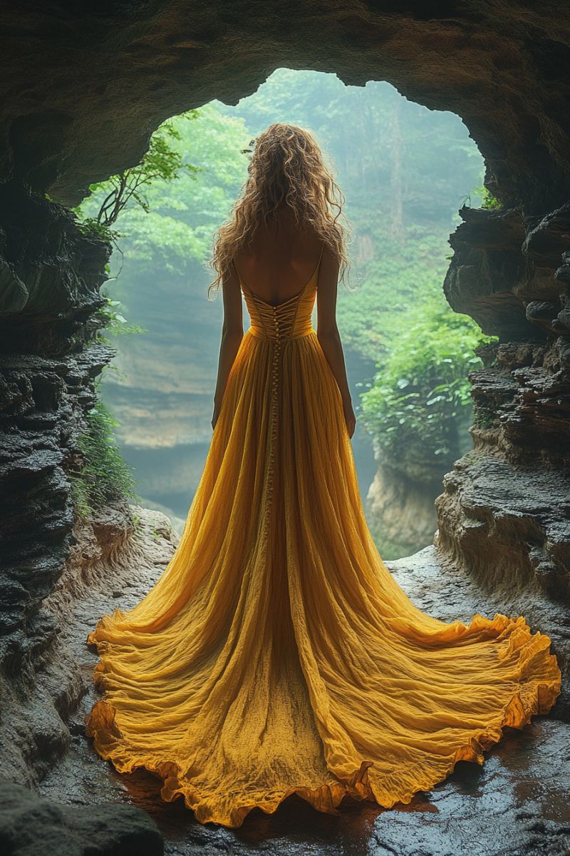 Woman long yellow dress getting through cave made accurate picture amazing demonstrating the mischiefs wild of human activities on la woman long yellow dress getting through cave made