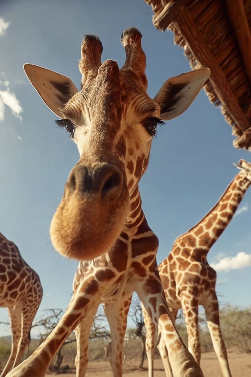 Girafe faune animal nature safari mammifere air herbivore grand tete oeil oreille soleil ciel sol herbe buisson arbre Une girafe se tient de manière proéminente au premier plan, sa tête légèrement inclinée vers le haut comme si elle regardait directement la caméra. Le visage de la girafe est détaillé avec de grands yeux expressifs, un petit nez rond et une paire de petites oreilles brunes. Le pelage de la girafe est couvert de taches brunes distinctives avec des zones plus claires entre elles, créant un motif unique. Derrière la girafe, il y a deux autres girafes, l'une légèrement floue, debout en rang, toutes faisant face dans la même direction. Le fond présente un ciel bleu clair avec quelques nuages éparpillés, et au loin, il y a quelques arbres et arbustes clairsemés contre l'horizon.