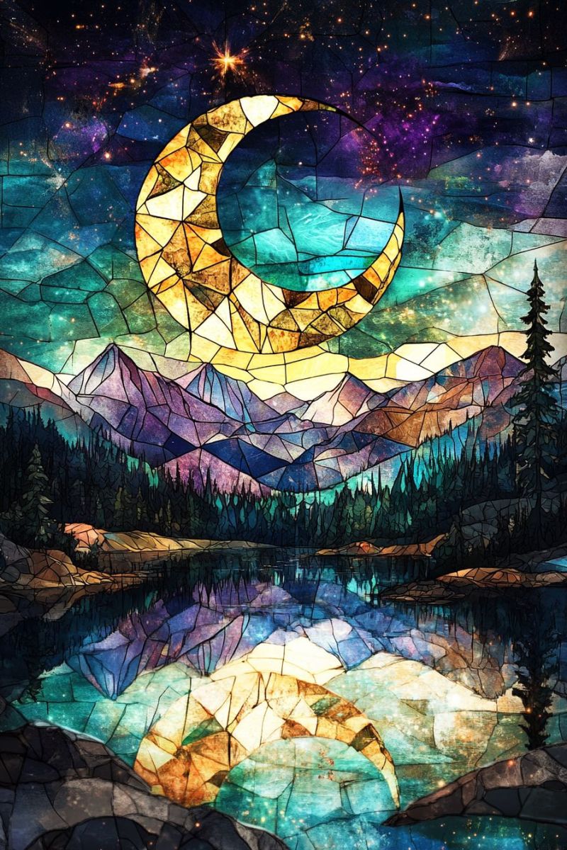 Verre nuit ciel lune blanche chemin cosmos montagneux forestier croissant mosaic tapisserie craftsmanship soiree fenetre lac reflets etoiles calme dec L'image présente une femme debout sur un balcon qui offre une vue sur un corps d'eau. Elle est vêtue d'une robe élégante et fluide, ses cheveux sont tirés en arrière, révélant son profil. Le soleil du crépuscule projette une lumière chaleureuse sur la scène, créant une atmosphère apaisée. L'architecture suggère un style européen, ce qui pourrait évoquer un emplacement le long d'un fleuve ou un lac. La barrière du balcon et les détails architecturaux de la balustrade donnent l'impression de se trouver au-dessus du niveau de l'eau. Le sentiment général de l'image est paisible et réflexif.