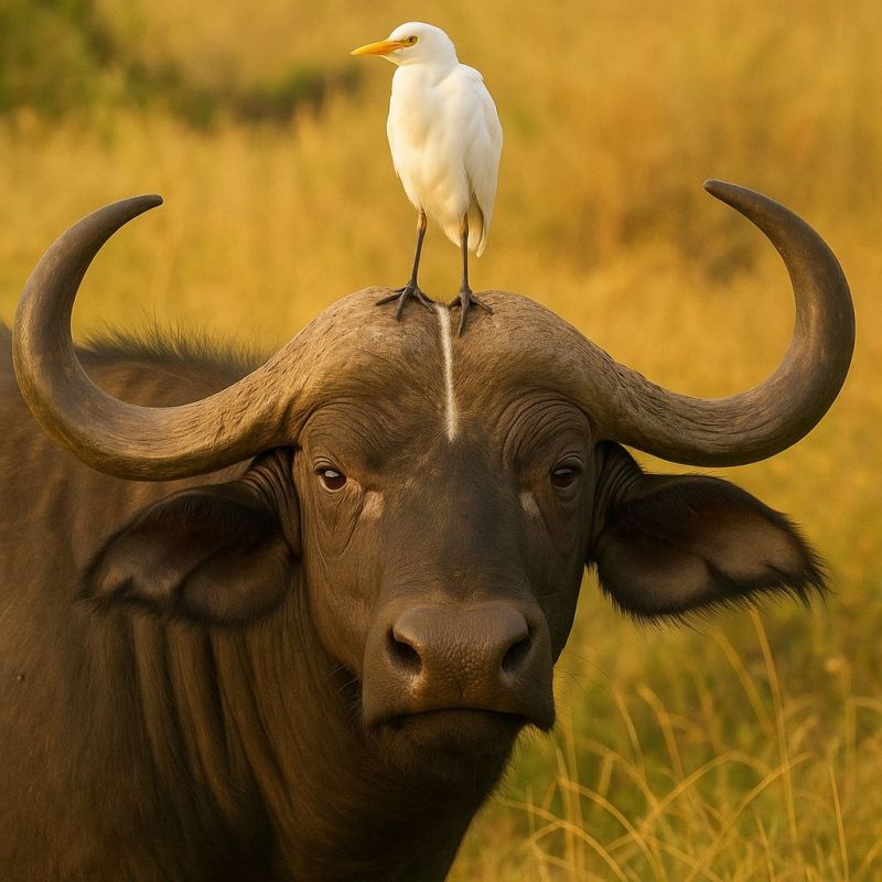 Buffalo animal faune nature Un grand buffle d'eau brun foncé avec des cornes incurvées et pointues se tient dans un champ d'herbe. Perché sur le dos du buffle, près de sa bosse, se trouve un oiseau blanc avec un long bec jaune et des pattes. L'oiseau semble être un héron garde-boeufs, regardant vers la gauche. L'arrière-plan est un mélange d'herbe haute et sèche et de quelques végétations vertes