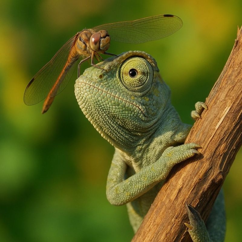 Lezard libellule reptile insecte faune nature animal air gros macro vert oeil tete aile branche habitat predateur proie interaction Un caméléon vert à la peau texturée et écailleuse est perché sur une branche d'arbre. Sa tête est légèrement inclinée sur le côté, et il a de grands yeux expressifs avec une pupille noire. Perché sur la tête du caméléon se trouve une libellule aux ailes largement déployées, affichant des motifs complexes. Le corps de la libellule est mince et allongé, avec un long abdomen segmenté. L'arrière-plan est un vert doux et flou, suggérant un cadre naturel en extérieur.
