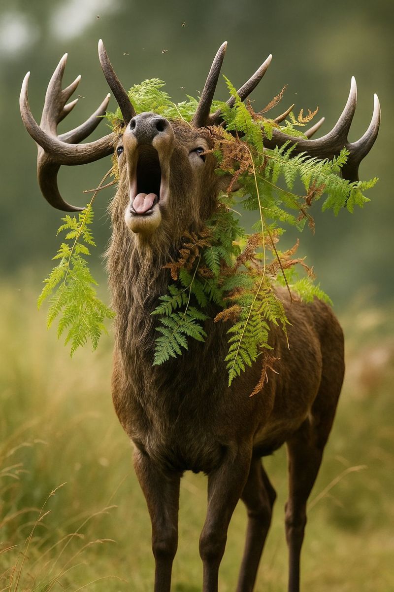 Cerf bois rugissement sauvage nature animal faune foret herbe fougere vert brun mammifere tete bouche langue dehors comportement expression Un cerf rouge majestueux se tient dans un champ d'herbe, sa tête ornée de fougères vertes luxuriantes et de feuilles séchées. Les bois du cerf sont grands et ramifiés, et il semble rugir avec la bouche grande ouverte, montrant sa langue rose. La fourrure du cerf est d'un brun riche, et il a une carrure musclée. L'arrière-plan est un vert doux et flou, suggérant un cadre naturel et extérieur.