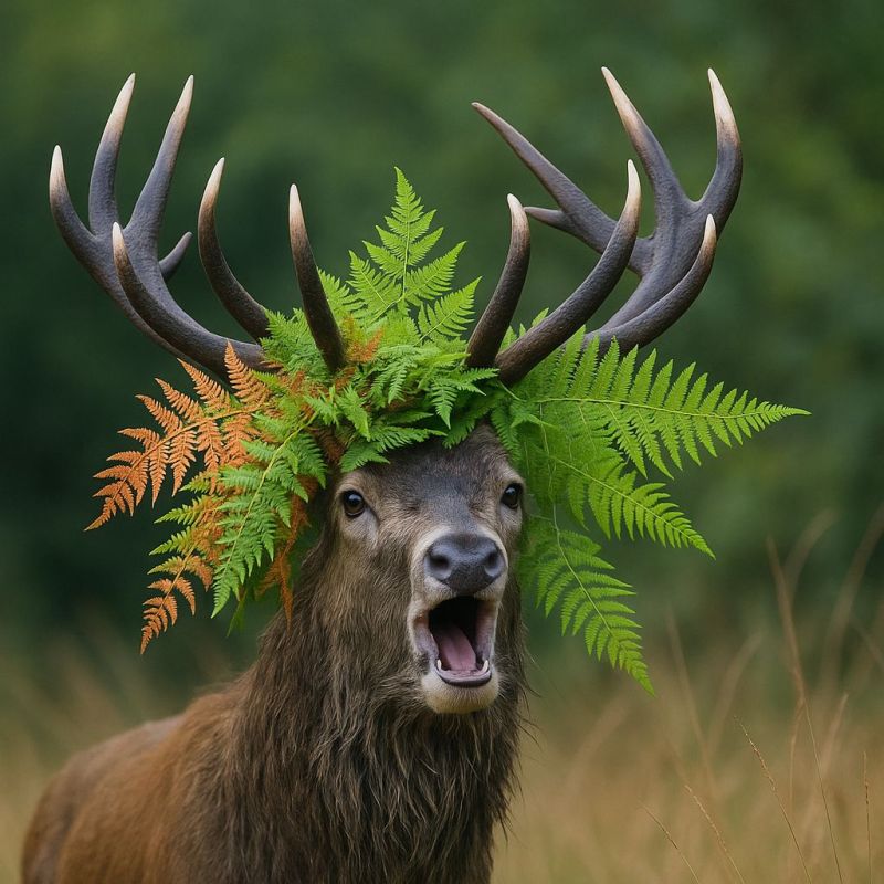 Cerf bois fougere tete faune nature animal foret air vert brun herbe plante bouche oeil oreille fourrure cri surpris Un gros plan d'un cerf rouge avec la bouche ouverte, comme s'il rugissait. Le cerf a une couronne de fougères et de feuilles sur la tête, avec quelques feuilles pendant jusqu'à ses épaules. Les bois du cerf sont grands et ramifiés, et sa fourrure est brune. L'arrière-plan est flou, avec de l'herbe haute et des arbres.