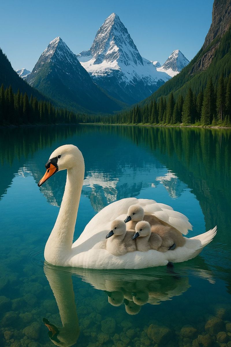 Cygne lac montagnes eau reflet cygneaux faune nature air oiseaux famille aquatique habitat conservation ecologie environnement Un lac serein avec une eau cristalline reflète les majestueuses montagnes enneigées en arrière-plan. Un grand cygne blanc au bec orange nage gracieusement, portant trois petits cygnes duveteux brun clair sur son dos. Les petits cygnes sont blottis les uns contre les autres, paraissant contents et en sécurité. Le lac est entouré d'arbres verts luxuriants, et le ciel au-dessus est clair et bleu. Le reflet du cygne et des montagnes ajoute à la scène tranquille et pittoresque.
