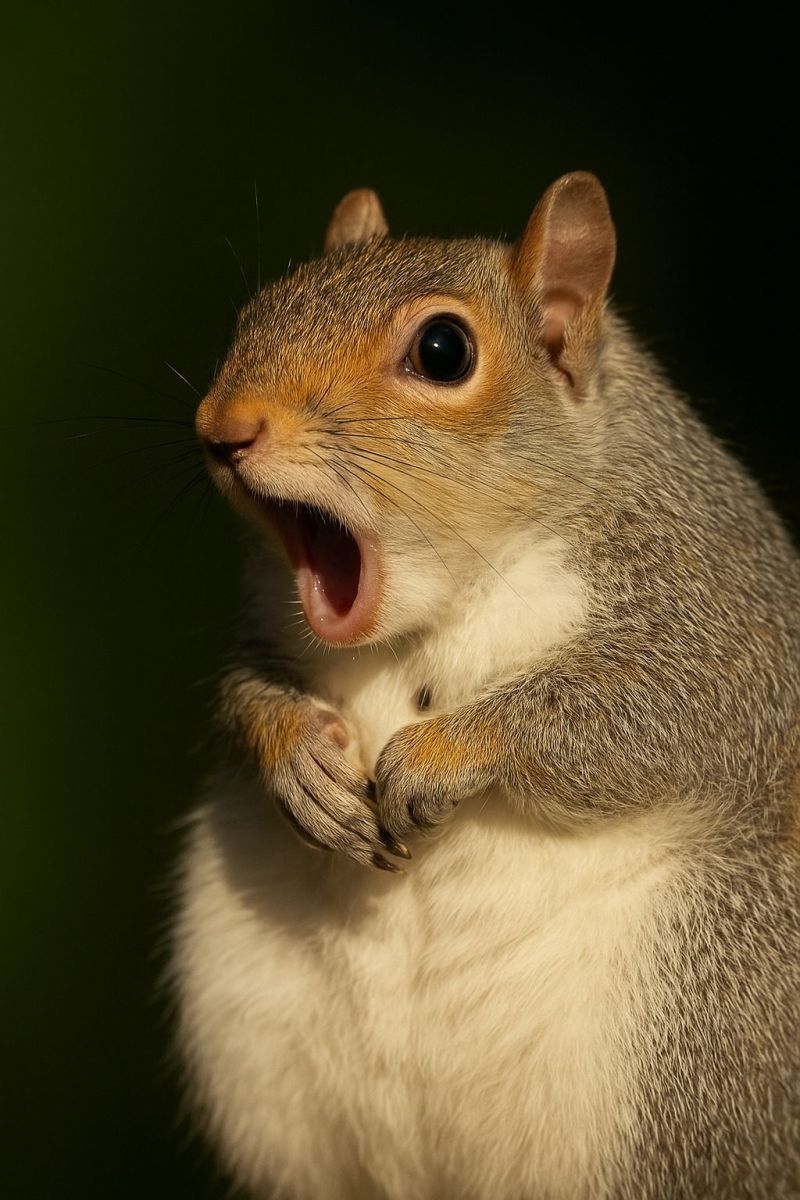 Ecureuil animal faune nature air mammifere rongeur fourrure queue expression bouche yeux oreilles patte griffe sol Un gros plan d'un écureuil avec un pelage brun clair et blanc. La bouche de l'écureuil est ouverte, montrant ses dents, et il semble regarder vers le haut. Ses oreilles sont dressées et ses yeux grands ouverts, lui donnant une expression surprise ou curieuse. Les pattes de l'écureuil sont positionnées sur sa poitrine et il semble se tenir sur une branche ou une surface similaire. L'arrière-plan est sombre et flou, suggérant que le focus est sur l'écureuil.