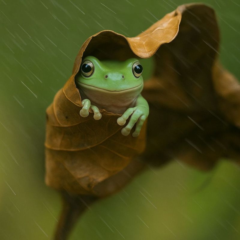 Grenouille feuille pluie vert animal faune nature amphibien humide gros mignon mignonnerie surcharge Une petite grenouille verte est assise à l'intérieur d'une grande feuille brune, qui est repliée pour créer un abri. La grenouille a de grands yeux ronds et regarde directement la caméra. Son corps est positionné au centre de la feuille, avec ses pattes avant reposant sur le bord de la feuille. L'arrière-plan est flou, avec des gouttes de pluie qui tombent et un environnement verdoyant et feuillu.