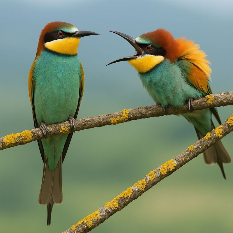 Oiseaux bec plumes branche perchoir jaune vert rouge orange bleu ciel nature faune animal air journee soleil foret arbres ouvert bouche Deux oiseaux colorés, probablement des guêpiers, sont perchés sur une branche d'arbre. L'oiseau à gauche a un corps vert vif, une tache jaune sur la poitrine et un oeil rouge. L'oiseau à droite a un corps vert similaire mais avec une tache jaune et orange sur la poitrine, et son bec est ouvert comme s'il chantait. La branche sur laquelle ils sont assis est recouverte de lichen jaune, et l'arrière-plan est un ciel bleu doux
