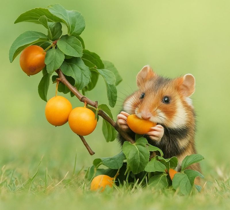 Hamster fruit orange arbre feuille branche rongeur animal nature herbe compagnie mignon petit sauvage manger tenir joueur pelucheux gros Un petit hamster est assis sur l'herbe, tenant un morceau de fruit orange dans ses pattes. Le hamster a un corps brun clair avec des oreilles brun foncé et un nez noir. Il est entouré par une branche d'arbre avec plusieurs fruits oranges qui y pendent. Les fruits sont ronds et ont une texture légèrement bosselée. Le fond est d'une couleur verte douce, et l'éclairage est lumineux et naturel.
