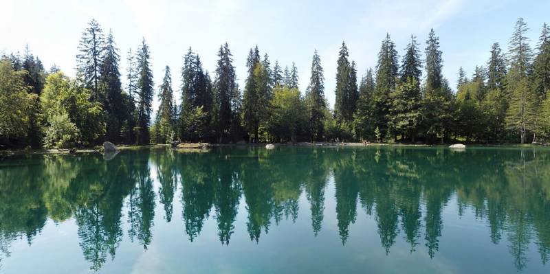 Nature lacustre forestier environnement calme paisible eau pacifique rurale etapes repos tranquilles retraite sauvage activites lac paysage naturel calme. Il y a un lac tranquille avec des reflets des arbres environnants, ce qui suggère de l'eau claire. Le lac est entouré de grands arbres, probablement de pins ou d'abords, en raison de leurs caractéristiques aiguilles conifères et leur épaisseur de feuillage. Le ciel est visible à l'avant-plan, ce qui suggère que c'est la journée avec une abondance de lumière solaire. Il apparaît qu'il n'y a personne ni structures artificielles dans le paysage, ce qui transmet un sentiment de calme et de sauveté. Ce lieu pourrait être un point de départ populaire pour des randonnées, des campings ou simplement pour profiter de la nature.