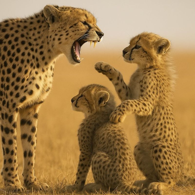 Guepard petits faune predateur mammiferes savane nature animaux famille jeu chasse sauvage prairies conservation air soleil habitat comportement grand Dans un champ ensoleillé, une mère guépard se tient debout avec la gueule ouverte, probablement en rugissant, tandis que deux jeunes guépardeaux sont assis à proximité. Les guépardeaux se font face, l'un est assis droit avec les pattes levées, et l'autre est assis, regardant vers la mère. La mère guépard a un pelage distinctif tacheté de noir et de brun, et les guépardeaux ont des marques similaires. L'arrière-plan est un vaste paysage sec de couleur dorée.