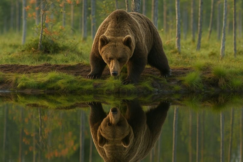 Ours faune foret reflexion nature animal air lac herbe arbres brun mammifere carnivore predateur sauvage habitat environnement Un grand ours brun marche le long du bord d'un plan d'eau calme, probablement un lac ou une rivière. Le reflet de l'ours est visible dans l'eau, reflétant ses mouvements. L'ours est entouré d'une forêt luxuriante et verte avec de grands arbres élancés. Le sol est recouvert d'herbe, et il y a des zones de terre et de petites plantes. La fourrure de l'ours semble épaisse et brillante, et ses yeux sont vigilants et concentrés. La scène générale est paisible et sereine, avec l'ours se déplaçant gracieusement dans son habitat naturel.