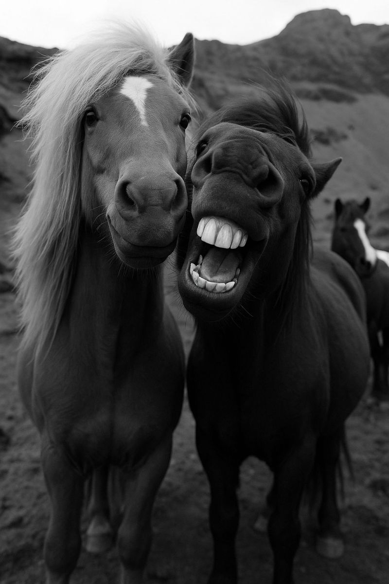 Cheval animal souriant riant nature sauvage liberte compagnie amitie espieglerie joie bonheur emotion expression gros texture Dans une photographie en noir et blanc, deux chevaux se tiennent côte à côte, tous deux avec la bouche ouverte dans ce qui semble être une expression espiègle ou surprise. Le cheval à gauche a une longue crinière flottante et une raie blanche sur le front. Le cheval à droite a une crinière plus courte et montre ses dents. Derrière eux, il y a un troisième cheval, partiellement visible, avec une raie blanche sur le visage. L'arrière-plan présente un paysage rocheux avec une montagne au loin.