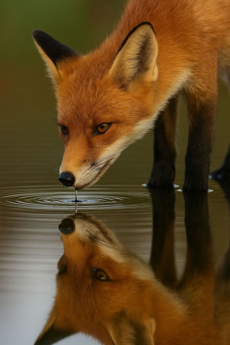 Renard eau reflet faune nature animal mammifere rouge lac etang canin carnivore predateur environnement habitat ecosysteme conservation Un renard roux avec un pelage orange vif et des oreilles noires boit de l'eau dans un plan d'eau calme. Son reflet est visible dans l'eau, montrant la tête et les pattes avant du renard. Les yeux du renard sont vigilants et concentrés sur l'eau, et son nez touche la surface de l'eau. L'arrière-plan est flou, suggérant un cadre naturel en plein air.