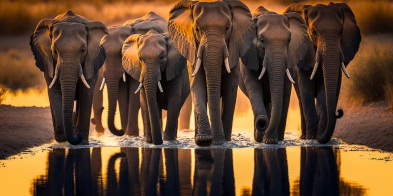 Safari elephants group elephants crossing river 12mm golden hour astonishing shot accurate showing the state of wild of global warming on la safari elephants group elephants crossing river 12mm golden hour