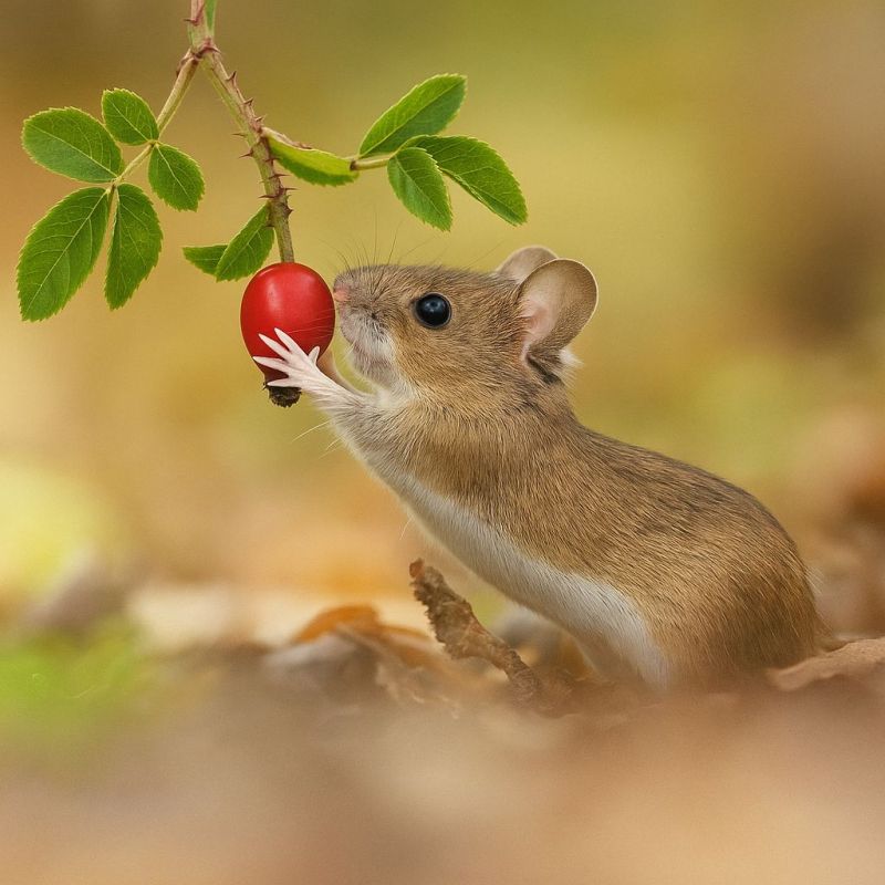 Souris baie nature faune animal air foret plante feuille tige rongeur gros nourriture manger petit mignon brun vert automne sol Une petite souris tient une baie rouge vif dans ses pattes. La souris a un corps brun clair avec un ventre blanc et une queue rosée. Ses yeux sont sombres, et elle a un petit nez pointu. La souris se tient sur une branche avec des feuilles vertes, et elle semble être dans un cadre de forêt ou de jardin. L'arrière-plan est flou, avec un mélange de couleurs vertes et brunes.