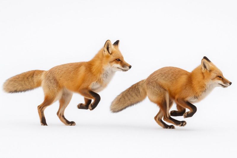 Fox animal wildlife mammal running fur red tail paws ears snow nature outdoors wild hunt companion Two red foxes are running side by side on a snowy white surface. The fox on the left has its head turned towards the right, while the fox on the right has its head turned towards the left. Both foxes have their mouths open, and their tails are extended behind them. The foxes' fur is a vibrant red color, and their paws are black. The background is a plain white, with no other objects or animals visible.