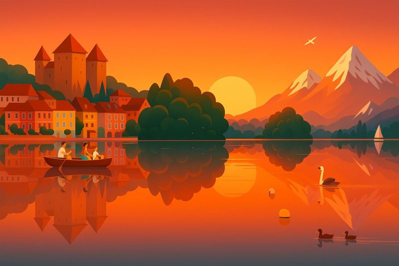 Annecy sunset lake boat mountain sky reflection water trees buildings houses castle hill people couple couples a serene lake reflects the warm hues of a sunset. On the left side, a small boat with two people is gently floating on the water. The boat's reflection is mirrored on the lake's surface. In the background, there is a picturesque town with buildings, some of which have red roofs. The town is nestled between trees and hills. In the distance, majestic mountains rise, their peaks dusted with the soft glow of the setting sun. A swan glides gracefully on the lake, and a few ducks are also present, adding to the tranquil scene. The sky is painted with shades of orange and pink, creating a beautiful and peaceful atmosphere.