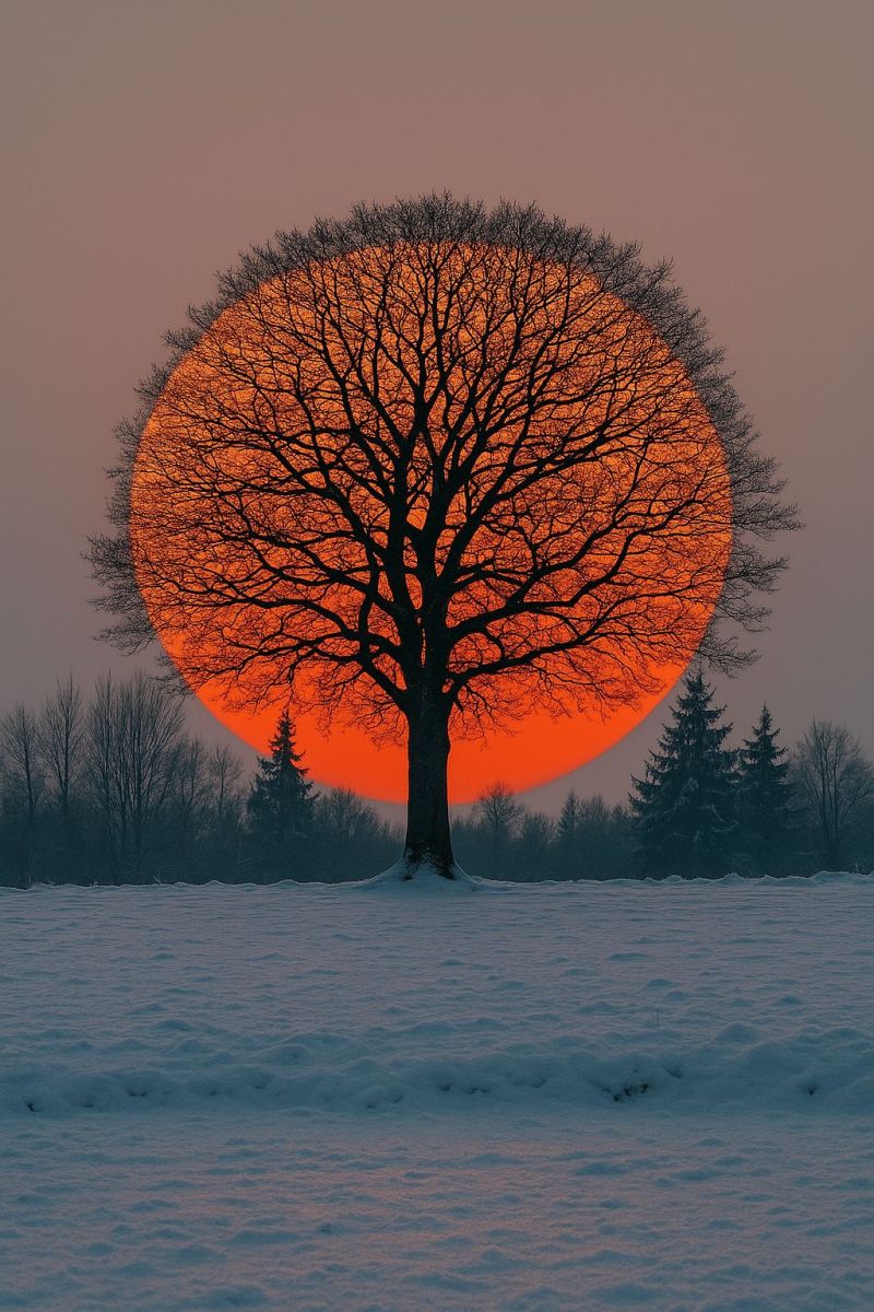 Tree sunset sun sky nature winter snow forest outdoors branch cold frost daytime shadow beauty In a snowy landscape, a large tree stands prominently in the center, its branches forming a silhouette against a glowing orange sun. The sun is positioned behind the tree, creating a circular effect around it. The sky is a soft gradient of purple and gray, and the ground is blanketed in snow. In the background, several evergreen trees are visible, adding to the serene winter scene.