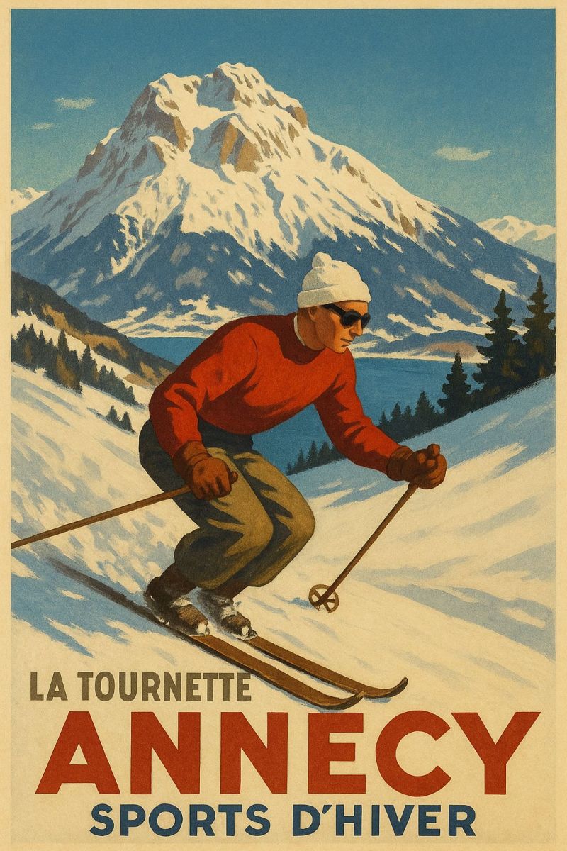 Ski montagne neige Un skieur glissant sur une pente enneigée de montagne. Le skieur est vêtu d'un pull rouge, de pantalons bruns et d'un bonnet blanc, tenant des bâtons de ski dans les deux mains. L'arrière-plan présente une majestueuse chaîne de montagnes couverte de neige, avec un lac serein reflétant le ciel. L'affiche a un style vintage, avec les mots 