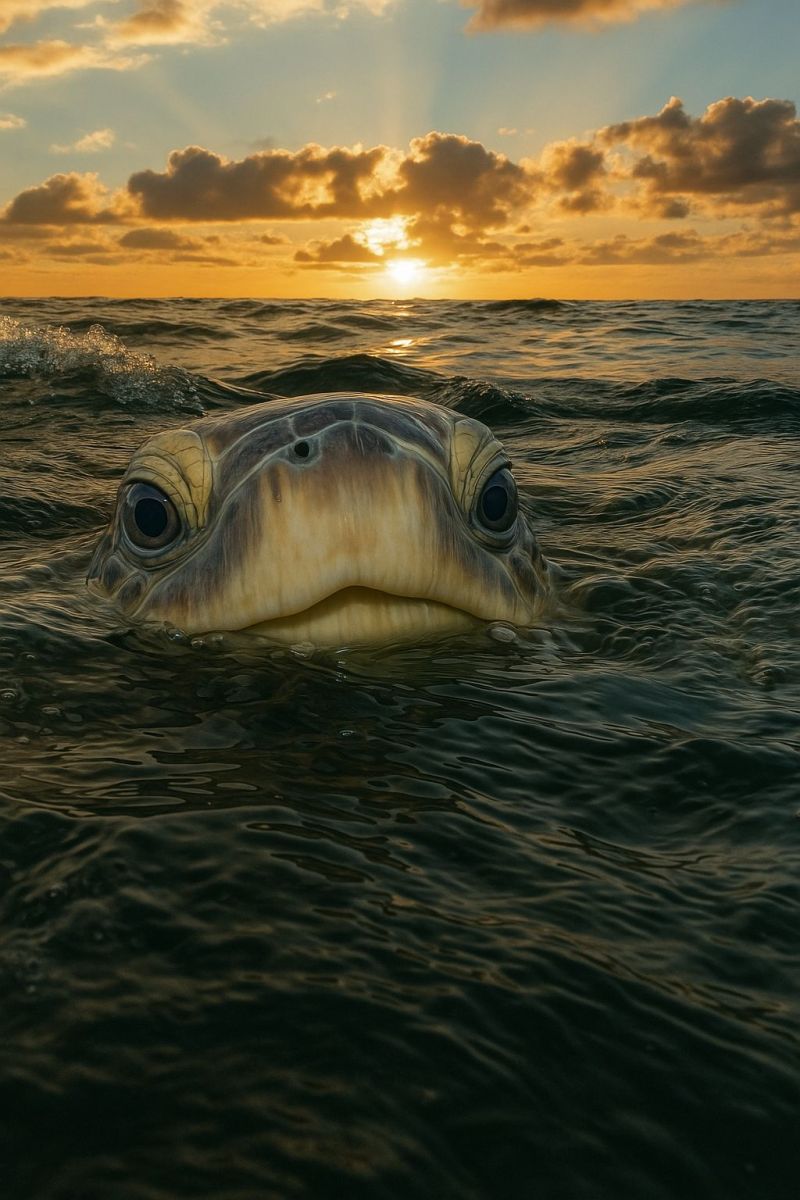 Tortue ocean mer eau coucher soleil vie sauvage nature animal sous marin reptile nage nuages ciel horizon vagues L'image capture une tortue de mer nageant dans l'océan au coucher du soleil. La tête de la tortue est au-dessus de l'eau, avec ses grands yeux expressifs regardant directement la caméra. La carapace de la tortue est un mélange de teintes brunes et vertes, et sa peau semble lisse et légèrement humide. L'eau de l'océan est d'un bleu foncé, avec de douces vagues léchant autour de la tortue. Le ciel est un mélange de teintes orange et roses, indiquant le soleil couchant. Les nuages dans le ciel sont illuminés par les rayons du soleil, créant une atmosphère belle et sereine.
