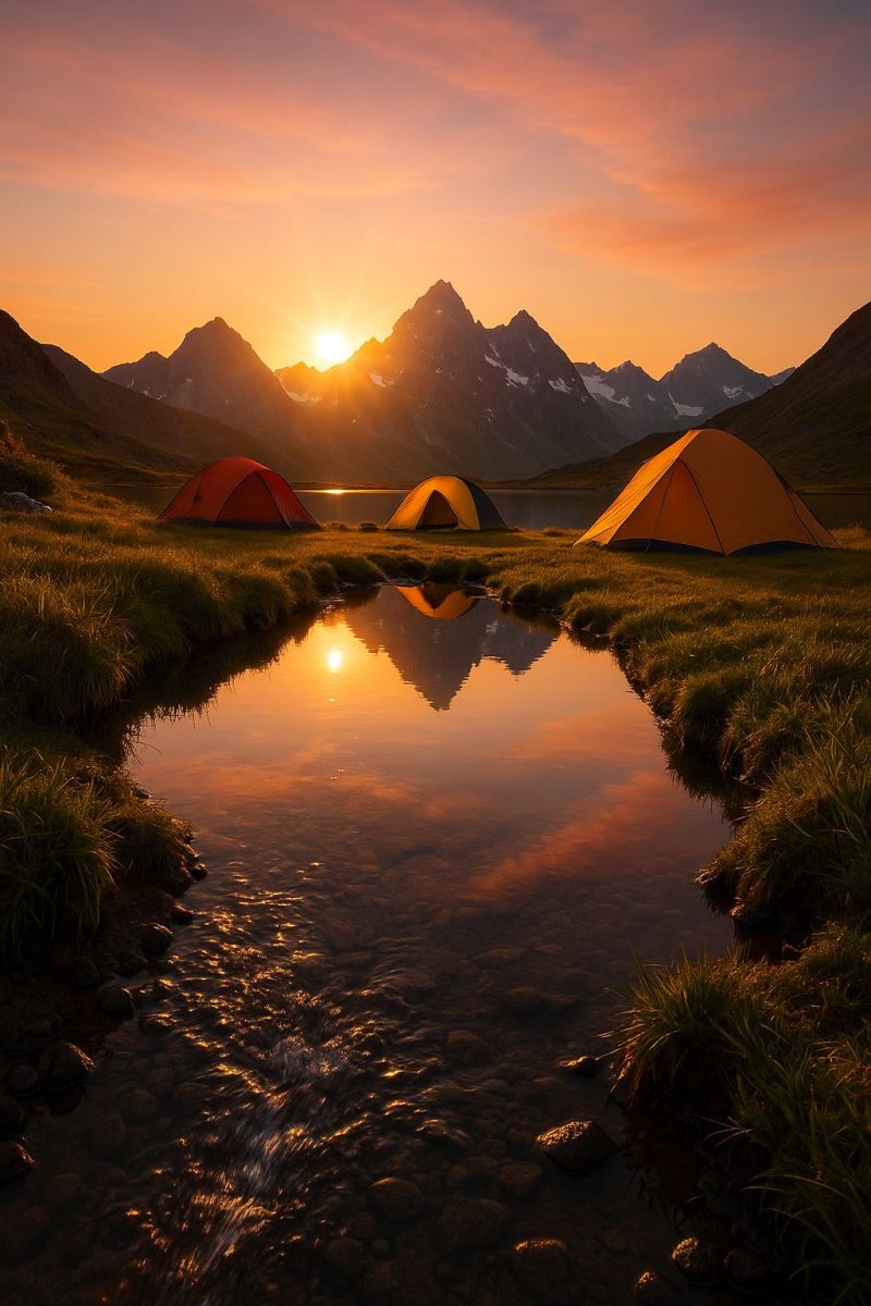Camping tent mountain lake reflection sunset nature outdoors adventure travel wilderness sky water grass rock sunrise camp hiking exploration three tents are set up in a serene, grassy field. The tents are positioned near a small, reflective stream that runs through the scene. The stream mirrors the vibrant colors of the sunset, which is setting behind a majestic mountain range. The sky is painted with hues of orange, pink, and purple, creating a dramatic . The mountains are rugged and covered with snow, adding to the picturesque landscape. The overall atmosphere is peaceful and tranquil, with the sun's rays gently illuminating the scene.