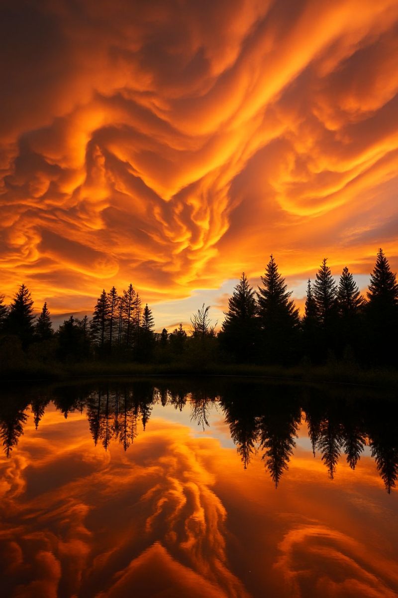Sunset sky clouds reflection lake trees forest nature orange warm evening beauty tranquility serene calm peaceful majestic atmosphere horizon serene and dramatic sunset over a tranquil lake. The sky is awash with vibrant hues of orange and yellow, with dramatic, billowing clouds that appear almost like waves. These clouds are reflected in the still waters of the lake, creating a mirror-like effect that enhances the beauty of the scene. In the foreground, a row of tall, evergreen trees stands against the  of the sunset, their silhouettes adding depth to the composition. The trees are reflected in the water, further emphasizing the peaceful and picturesque nature of the landscape.
