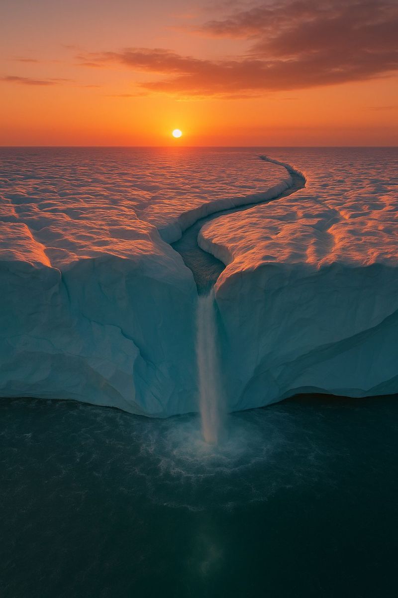 Coucher soleil iceberg eau ocean nature glacier glace polaire froid gele mer ciel reflexion beaute environnement L'image capture une scène à couper le souffle d'un glacier dans la région polaire au coucher du soleil. Le soleil se couche à l'horizon, projetant une chaude lueur orangée à travers le ciel et le paysage glacé. Le glacier est massif, avec un canal profond et étroit creusé à travers lui, menant à une cascade qui se déverse dans l'océan calme et d'un bleu foncé en contrebas. La glace est d'un blanc immaculé, reflétant la douce lumière du soleil couchant, et l'eau au pied du glacier est d'un bleu profond et riche. Le ciel est un mélange de teintes orange et roses, avec des nuages éparpillés ajoutant à l'atmosphère sereine et majestueuse de la scène.