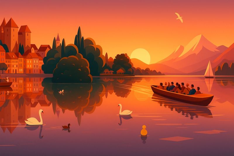 Lake boat sunset swan people mountain sky reflection water trees buildings city hill evening sailing nature vacation travel a serene lake is depicted with a boat carrying several people gliding across its surface. The boat is positioned towards the right side of the image. On the left side, there is a reflection of the boat and the people in it, along with the surrounding scenery. The lake is surrounded by trees and buildings, with a castle-like structure visible in the background. The sky is painted in warm hues of orange and pink, indicating either a sunrise or sunset. In the distance, mountains are visible, adding to the picturesque landscape. A bird is flying above the lake, and there are swans and ducks floating on the water.
