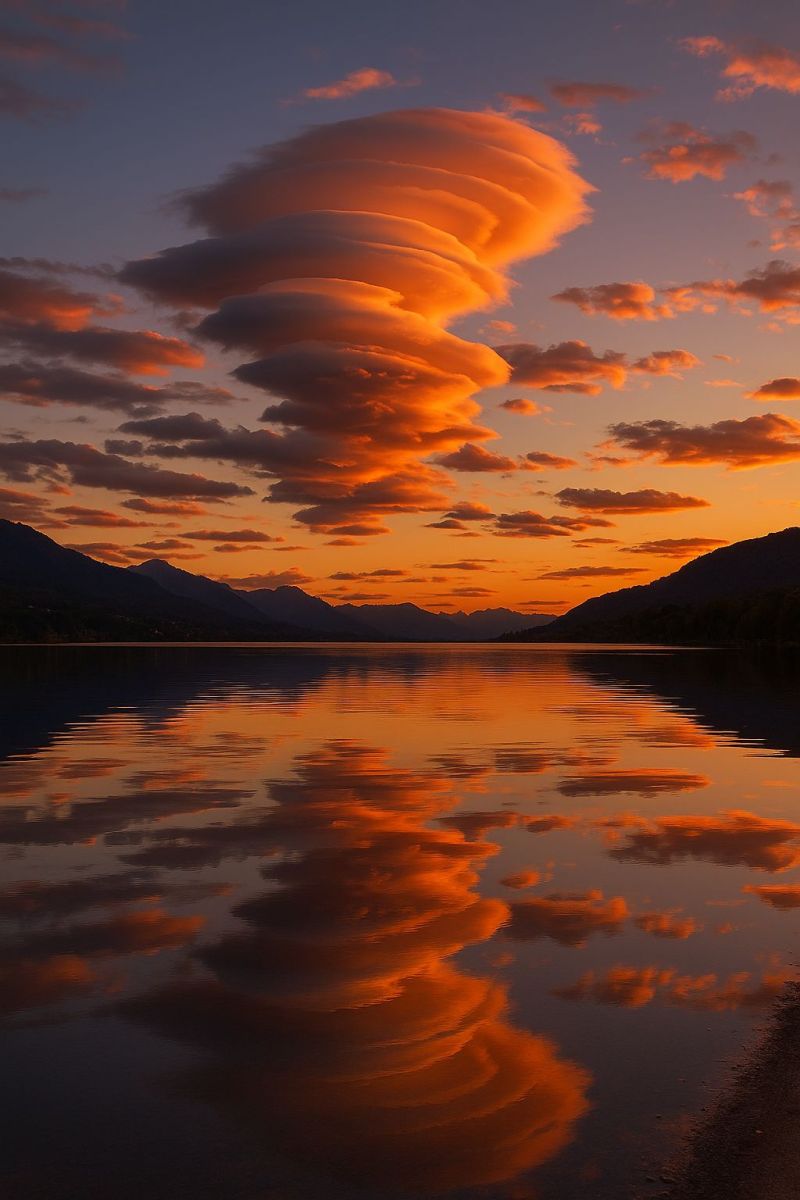 Sunset clouds reflection lake mountains sky orange nature water horizon evening atmosphere cloudscape scenery beauty outdoors The image captures a breathtaking sunset over a serene lake. The sky is a deep blue, transitioning into warm hues of orange and pink as the sun sets. A large, spiral-shaped cloud, known as a lenticular cloud, dominates the upper part of the sky, reflecting the vibrant colors of the sunset. The cloud's unique shape and the way it catches the light create a striking visual effect. Below, the lake mirrors the sky's colors, with the clouds and mountains reflected in the calm water. In the background, a range of mountains is silhouetted against the fading light, adding depth to the scene. The overall atmosphere is one of tranquility and natural beauty.