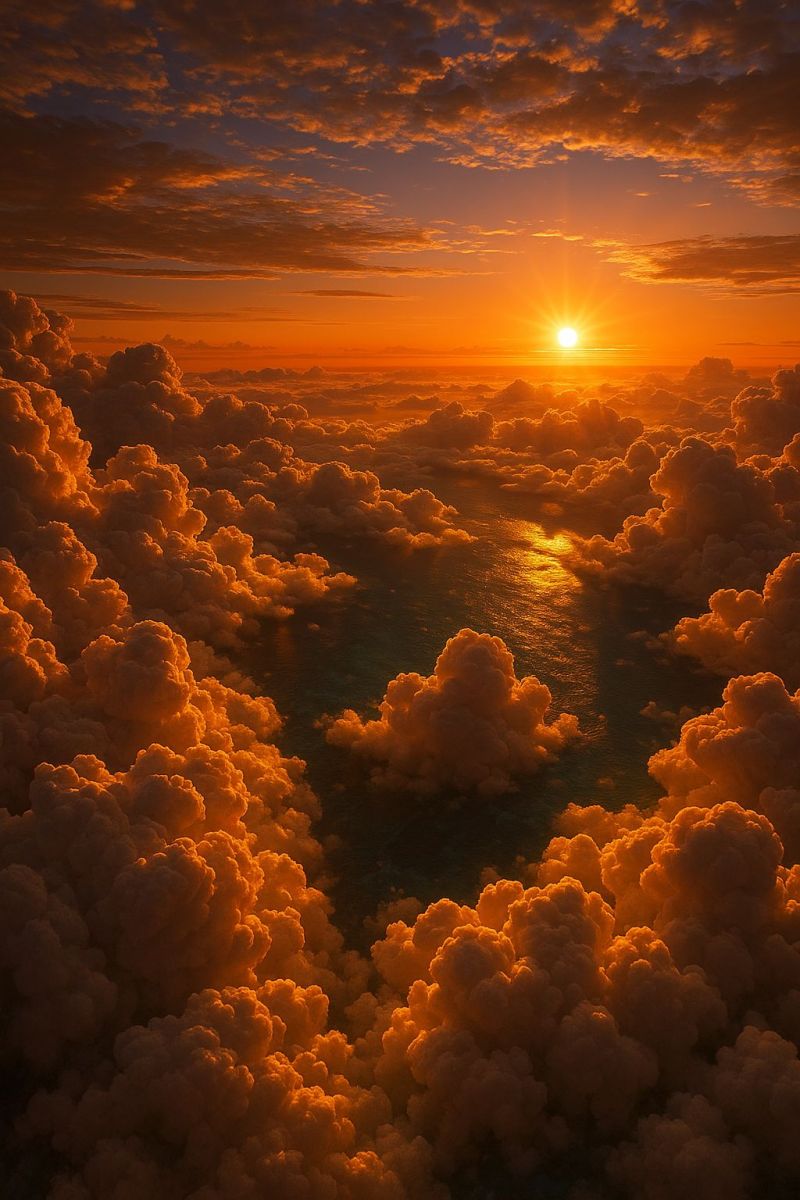 Sunset sky clouds sun orange atmosphere horizon reflection water nature aerial beauty colorful evening warm calm breathtaking aerial view of the sky during sunset. The sun is setting on the horizon, casting a warm, golden light that illuminates the clouds below. The clouds are puffy and varied in shape, with some appearing darker and others lighter, creating a textured and dynamic landscape. The sky transitions from deep blue near the horizon to lighter shades as it ascends, with hints of orange and pink from the setting sun. Below the clouds, a body of water reflects the sunset's colors, adding to the serene and picturesque scene.