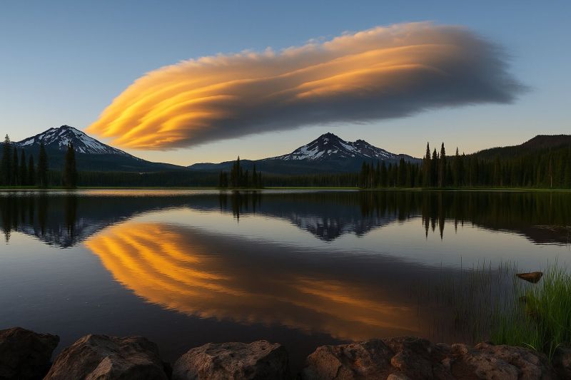 Mountains lake reflection clouds sunset sky trees rocks water nature outdoors scenery beauty colorful evening horizon golden hour The image captures a serene landscape at sunset. In the foreground, there is a calm lake reflecting the sky and surrounding mountains. The sky is dominated by a large, fluffy cloud with a unique, wave-like pattern, illuminated by the setting sun, casting warm orange and pink hues. The mountains in the background are snow-capped and have a rugged appearance, with a line of evergreen trees at their base. The reflection of the sky and clouds on the lake's surface adds to the tranquil and picturesque quality of the scene.