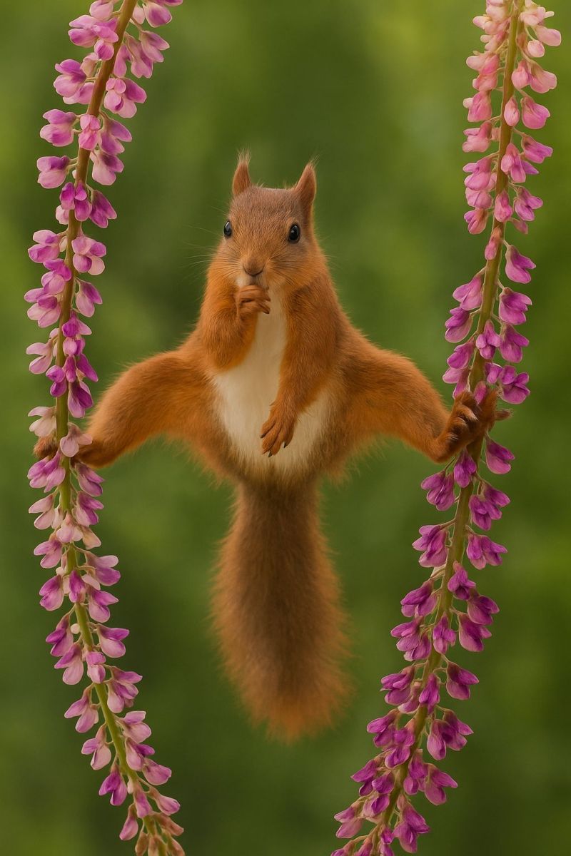 Squirrel red wildlife nature animal hanging vine flowers pink outdoors forest cute tail paws climbing playful cuteness A red squirrel is hanging from two branches with its arms outstretched. The squirrel has a bushy tail and a white patch on its chest. The branches are adorned with clusters of small, pink flowers. The squirrel's fur is a bright orange, and it has a small, pointed nose. The background is a soft green, and the overall scene is set in a natural, outdoor environment.