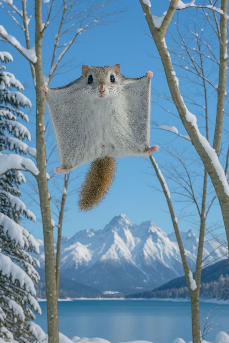Animal wildlife nature snow mountain lake sky tree winter cold squirrel flight outdoors forest hill ice water scenery A flying squirrel is gliding through the air with its skin stretched out like a parachute. The squirrel is white with a brown tail and has a small, pointed face. It is surrounded by snow-covered trees and a serene winter landscape. In the background, there is a calm lake and a range of snow-capped mountains under a clear blue sky.