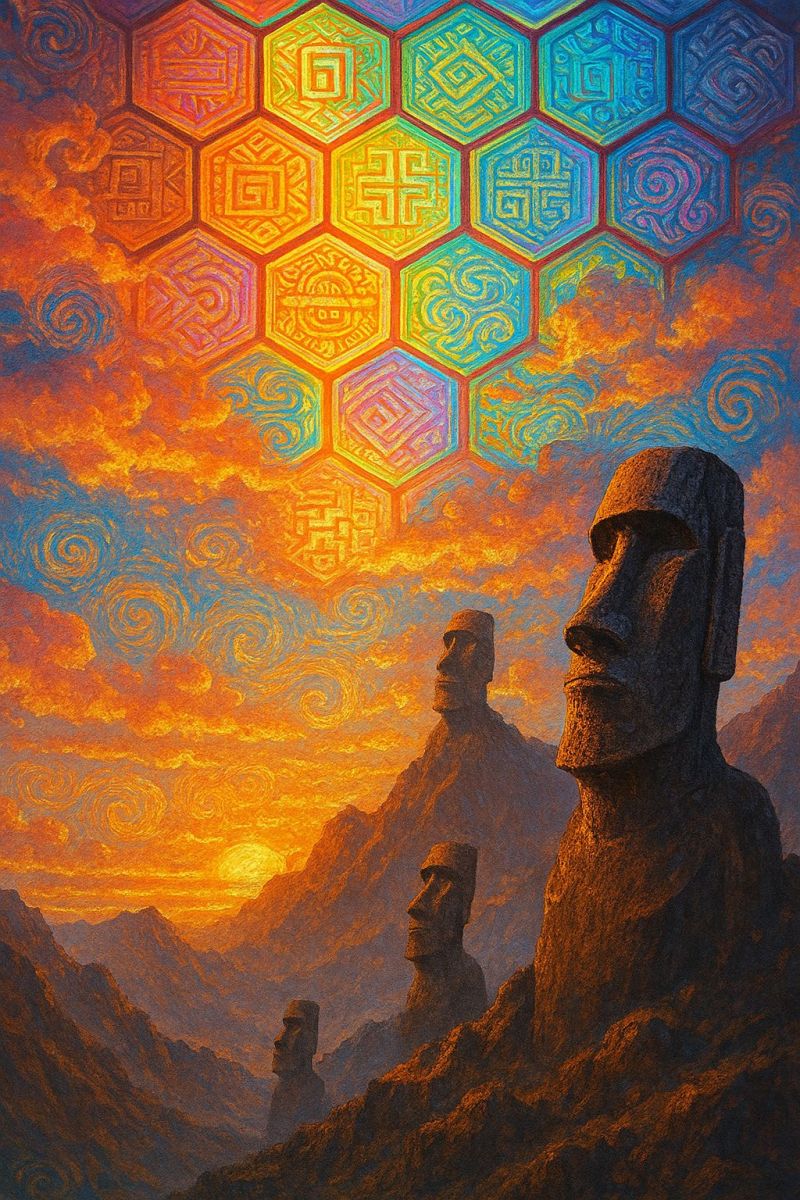 Colorful design geometric mosaic pattern sunset texture wall tiles surreal landscape with three large stone statues, resembling the iconic Moai of Easter Island, standing on a rocky cliff. The statues are carved with distinct facial features and are positioned in a row, facing the sunset. The sky above is a vibrant mix of orange, yellow, and blue hues, creating a dramatic and colorful backdrop. Above the statues, there is a geometric pattern of hexagons in various colors, adding a mystical and otherworldly element to the scene. The overall atmosphere is mystical and dreamlike, blending elements of ancient culture with modern, abstract art.