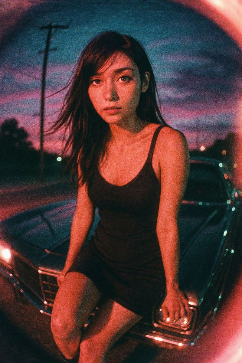Woman car night sunset fashion beauty evening outdoors A woman with long, wavy hair is sitting on the front bumper of a vintage car. She is wearing a black sleeveless dress and has her legs crossed. She is looking to the left, and her hair is blowing in the wind. The car is parked on a road with a blurry background of trees and a utility pole. The sky is a mix of blue and pink, indicating either dawn or dusk.