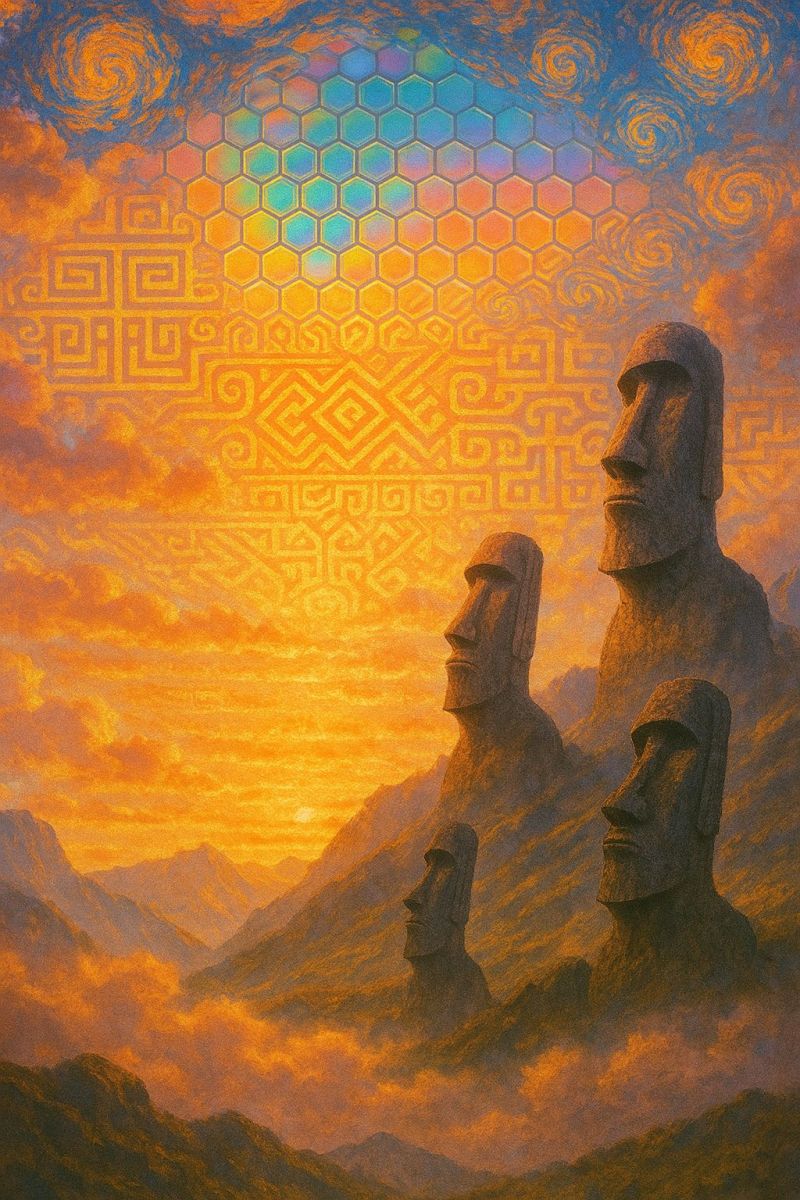 Pierre sculpture montagne geometrique design texture ombre coucher soleil nuages ciel horizon nature culture L'image présente quatre grandes statues de pierre, rappelant les emblématiques Moai de l'île de Pâques, debout en rangée sur une crête montagneuse. Les statues sont sculptées avec des traits distincts du visage, y compris des yeux larges et des nez allongés. Le fond est un coucher de soleil dramatique, avec des teintes chaudes d'orange, de jaune et de rose se fondant dans un ciel bleu profond. Au-dessus des statues, il y a un motif abstrait vibrant de formes géométriques, y compris des hexagones et des spirales, dans un mélange de couleurs bleu, orange et jaune. La scène globale est placée sur un fond de montagnes brumeuses, créant une atmosphère mystique et surréaliste.