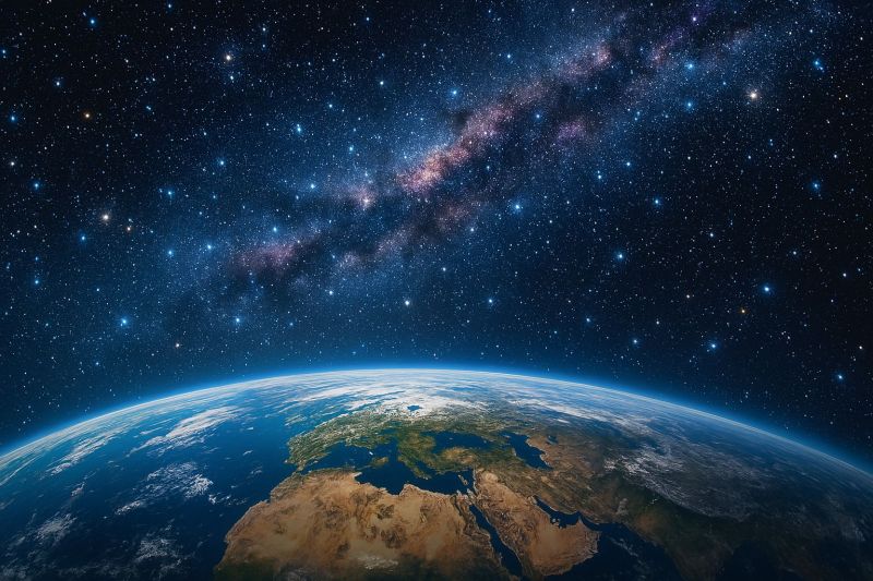 Space earth night sky universe astronomy cosmos star galaxy planet starry dark outer spaceship travel exploration breathtaking view of Earth from space, showcasing the planet's curvature and the vastness of the universe. The Earth is surrounded by a deep blue atmosphere, with a thin layer of clouds visible near the horizon. The image captures the beauty of the planet's landmasses, including the Middle East, Africa, and Europe, with their distinct geographical features and colors. The night sky is filled with countless stars, and the Milky Way galaxy is prominently displayed, stretching across the sky with its characteristic swirls and streaks of light. The image conveys a sense of awe and wonder at the vastness and complexity of the universe.