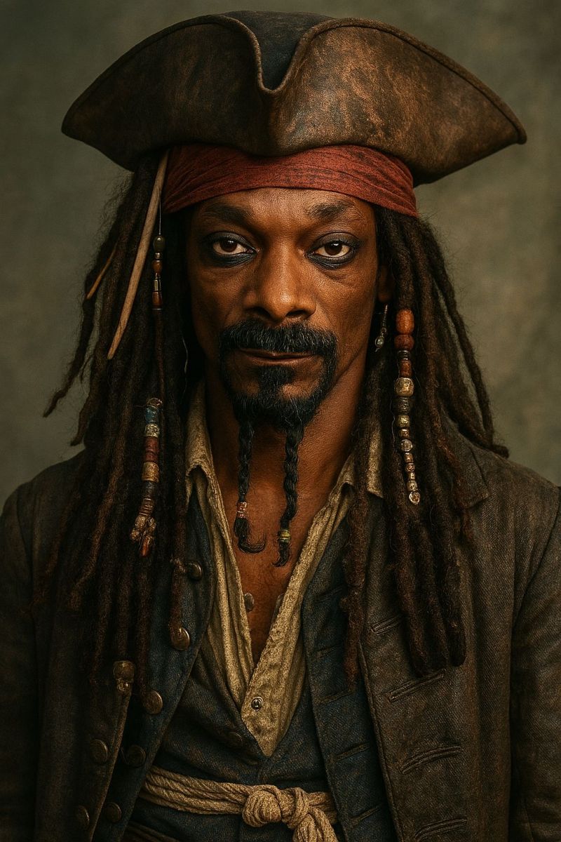 Pirate hat costume beard earring braid headband jacket shirt belt accessories jewelry fashion movie design concept A man with long, curly, dark hair styled in dreadlocks, wearing a brown pirate hat with a wide brim and a red bandana around his forehead. He has a beard and mustache, and his face is adorned with beads and feathers. He is dressed in a brown jacket with buttons and a white shirt underneath, and he has a rope tied around his waist. The background is a plain, light green wall.