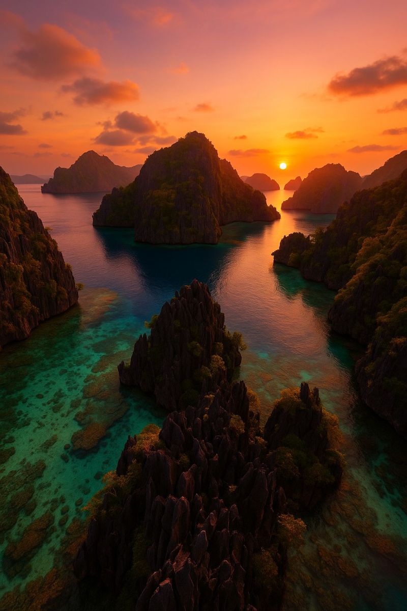 Sunset water sky clouds mountain island sea nature rock ocean sun reflection colorful beauty tropical travel outdoors aerial formation The image captures a breathtaking sunset over a serene seascape. The sun is setting on the horizon, casting a warm, golden glow across the sky, which is painted with hues of orange, pink, and purple. The sea is calm and clear, with a deep blue color that reflects the colors of the sunset. In the foreground, there are jagged, rocky cliffs and small islands with lush greenery. The water is dotted with vibrant coral reefs, adding a touch of color to the scene. The overall atmosphere is tranquil and picturesque, evoking a sense of peace and natural beauty.