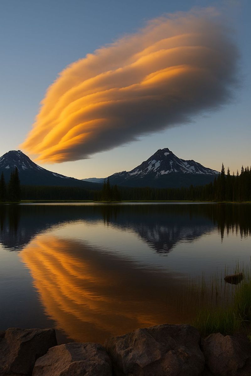 Mountain lake sky cloud reflection water sunset nature rock tree hill forest clouds evening cloudscape mountains range The image captures a serene landscape at sunset. In the foreground, there is a calm lake reflecting the sky and surrounding mountains. The sky is dominated by a large, billowing cloud lenticular cloud, with its layers illuminated by the setting sun, casting a warm, golden hue. The mountains in the background are silhouetted against the sky, with their peaks partially covered in snow. The reflection of the mountains and clouds on the lake adds to the tranquil and picturesque scene.
