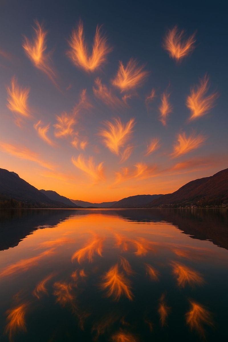 Sunset sky clouds reflection lake mountains water nature orange blue evening beauty calm serene tranquil majestic atmosphere horizon serene and picturesque sunset scene over a tranquil lake. The sky is a deep blue, transitioning into warm hues of orange and pink as the sun sets. The clouds in the sky are beautifully illuminated, forming feather-like shapes that are scattered across the sky. These clouds reflect the colors of the sunset, creating a stunning display of orange and pink hues. The lake is calm and mirror-like, perfectly reflecting the sky and clouds. In the background, there are silhouettes of mountains, adding to the serene and majestic atmosphere of the scene.