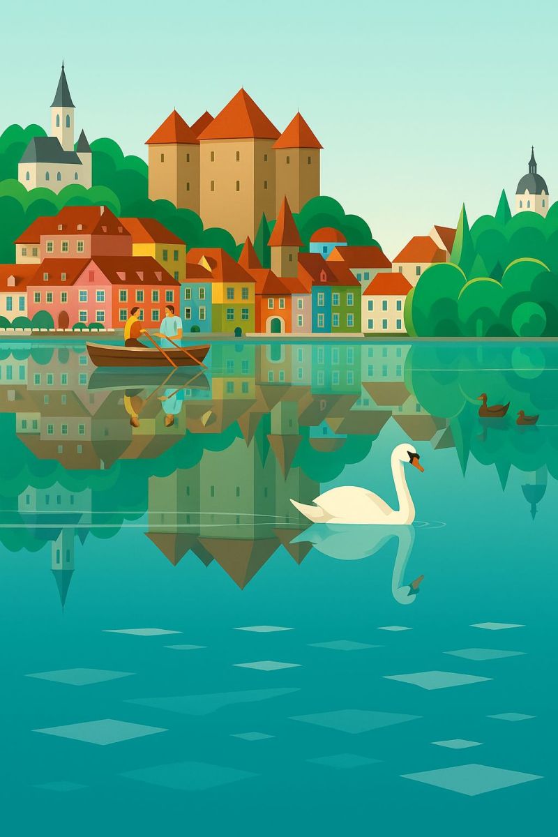 Annecy town lake boat swan people reflection buildings trees sky water cityscape architecture painting colorful vintage postcard there is a serene lake with a swan floating gracefully on the water. The swan's reflection is visible on the calm surface of the lake. On the left side of the lake, a couple is in a small boat, rowing leisurely. The lake is surrounded by a picturesque town with colorful buildings, some of which have red roofs. In the background, there are trees and a castle-like structure with a tower. The sky above is clear and blue, contributing to the peaceful and idyllic atmosphere of the scene.