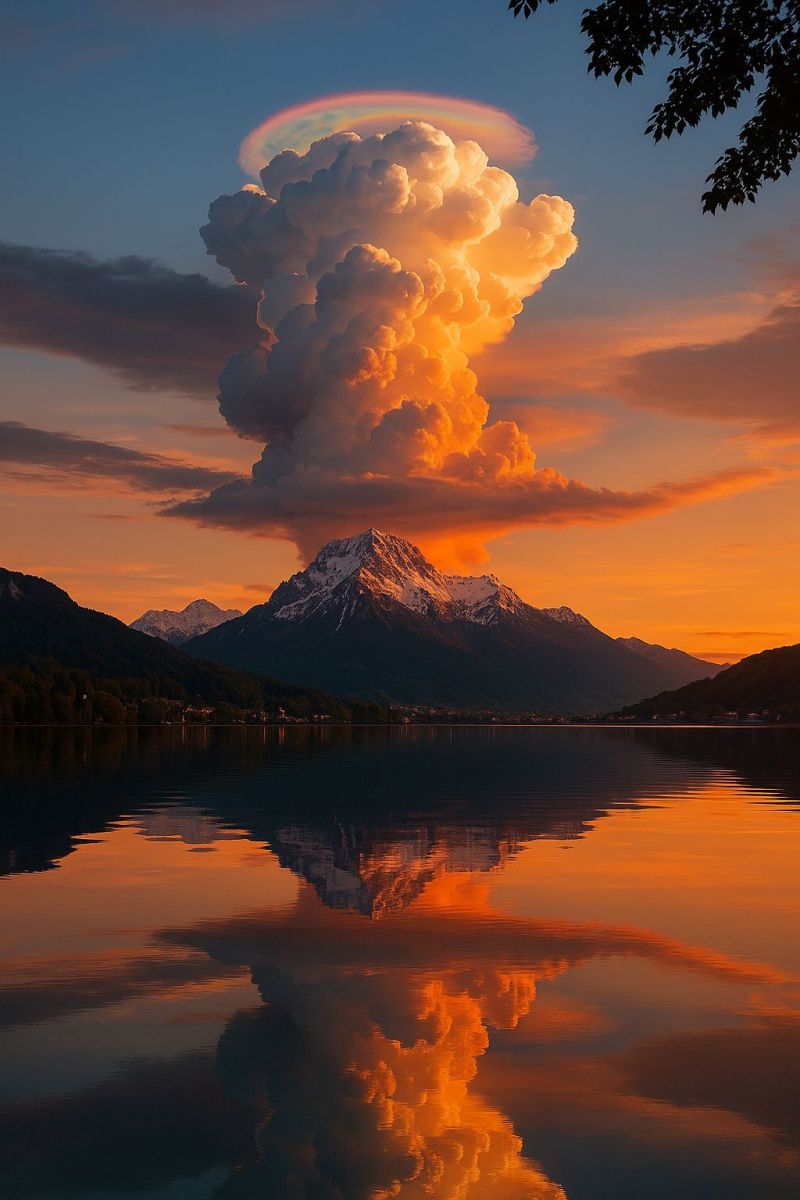 Sunset mountain lake reflection cloud sky nature water horizon tree hill forest valley town building bridge road car The image captures a breathtaking sunset scene with a large, towering cumulonimbus cloud dominating the sky. The cloud is illuminated by the setting sun, casting a warm, golden light that reflects off the surrounding landscape. Below the cloud, a majestic mountain range is visible, with its peaks bathed in the same golden hue. The mountains are reflected in the calm waters of a lake, creating a mirror-like effect that enhances the beauty of the scene. The sky is a mix of deep blues and warm oranges, with a hint of pink near the horizon. The overall atmosphere is serene and majestic, capturing the essence of a perfect sunset.