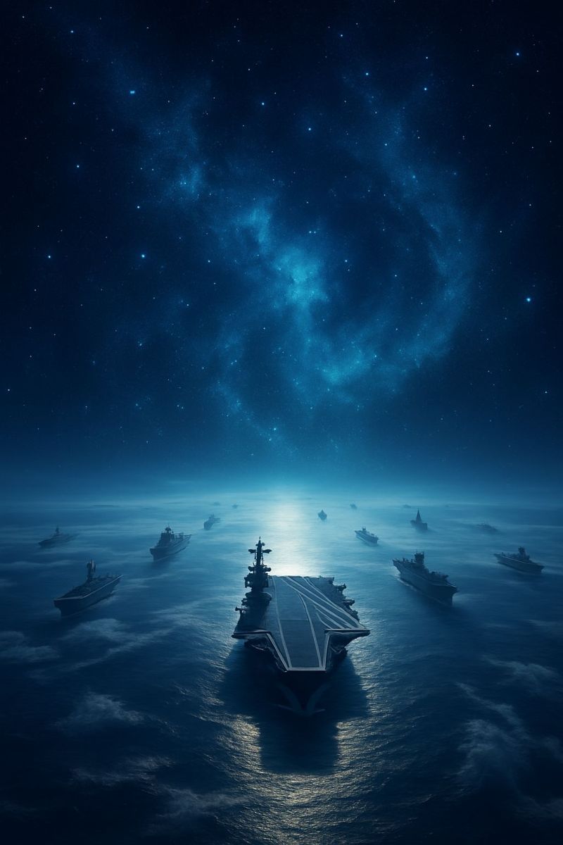 Ship navy military fleet ocean water sky night stars clouds fog reflection space universe galaxy cosmos exploration imagination aircraft carrier A fleet of military aircraft carriers is sailing in a vast, open ocean under a night sky filled with stars. The carriers are arranged in a formation, with one large carrier at the front. The ocean is calm, and the sky is dark blue with a hint of light from the stars. The carriers are illuminated by the light of the stars, and the water reflects the light, creating a shimmering effect. The scene is set against a  of a galaxy with a swirling, nebula-like appearance.
