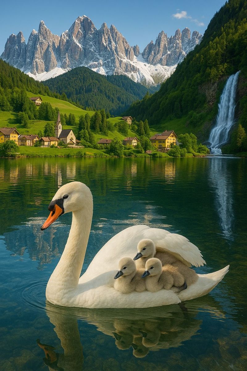 Swan lake mountains waterfall cygnets cygnet a serene lake is depicted with a majestic swan at its center. The swan, a large white bird with an orange beak, is carrying two small, fluffy ducklings on its back. The lake is calm, reflecting the sky and surrounding greenery. In the background, there are lush green hills and a majestic mountain range partially covered in snow. Several houses are nestled among the trees, and a small church with a steeple is visible. A waterfall cascades down the mountainside, adding to the picturesque landscape.