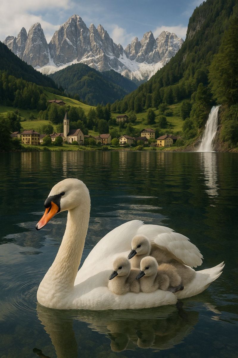 Swan lake mountains water cygnets cygnet a serene lake is depicted with a majestic swan at its center. The swan is white with a long, graceful neck and an orange beak. On the swan's back, there are three small, fluffy cygnets, each with downy feathers and small beaks. The lake is calm, reflecting the sky and the surrounding greenery. In the background, there are lush, green hills and a small village nestled among them. The village is composed of several houses, some with red roofs, and a small church with a steeple. Beyond the village, there are snow-capped mountains, adding to the picturesque landscape. The sky is clear with a few scattered clouds, contributing to the tranquil atmosphere of the scene.