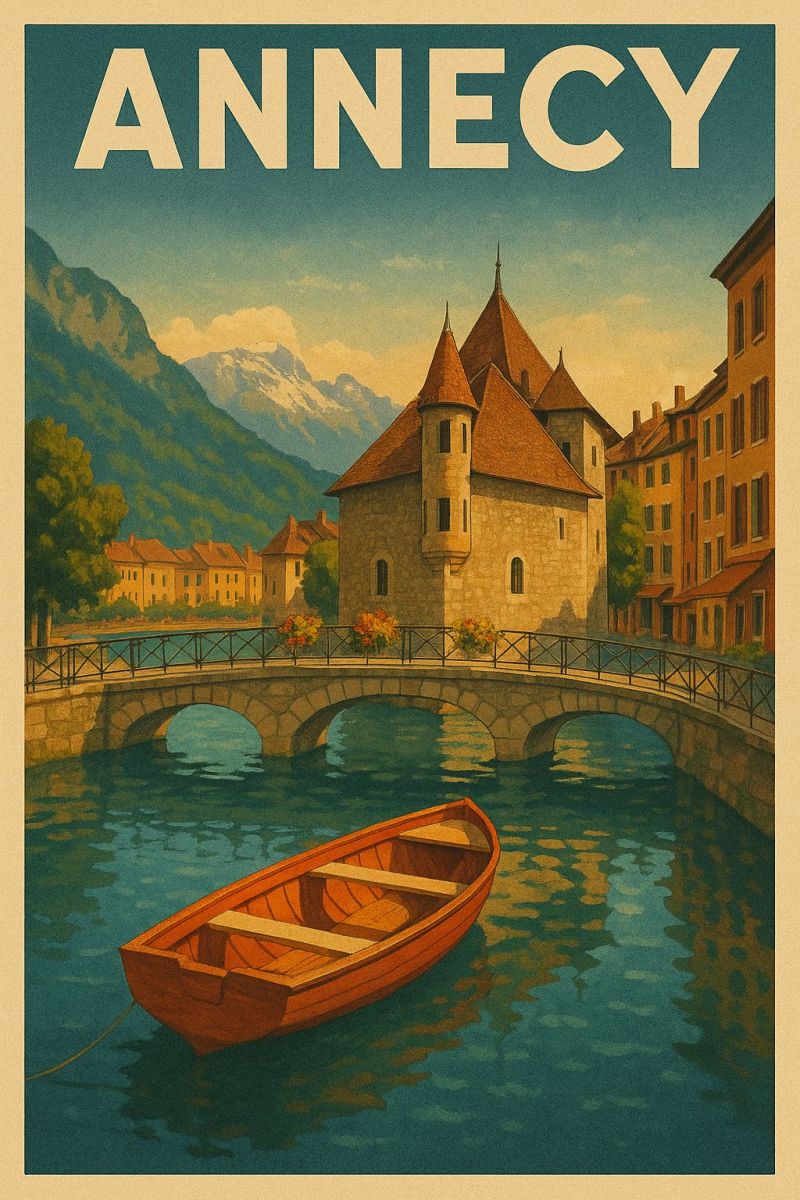 Annecy poster bridge boat river mountain building town sky water reflection trees architecture vintage travel tourism picturesque scene of Annecy, France. At the top, the word 